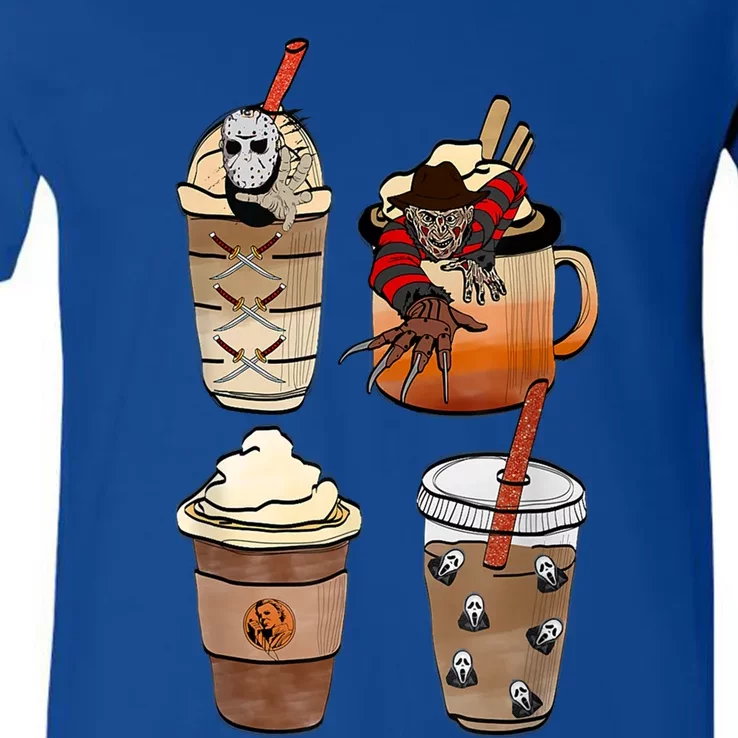 Horror Fall Coffee Pumpkin Spice Latte Iced Autumn Halloween Gift V-Neck T-Shirt