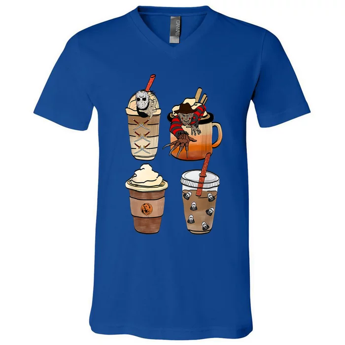 Horror Fall Coffee Pumpkin Spice Latte Iced Autumn Halloween Gift V-Neck T-Shirt