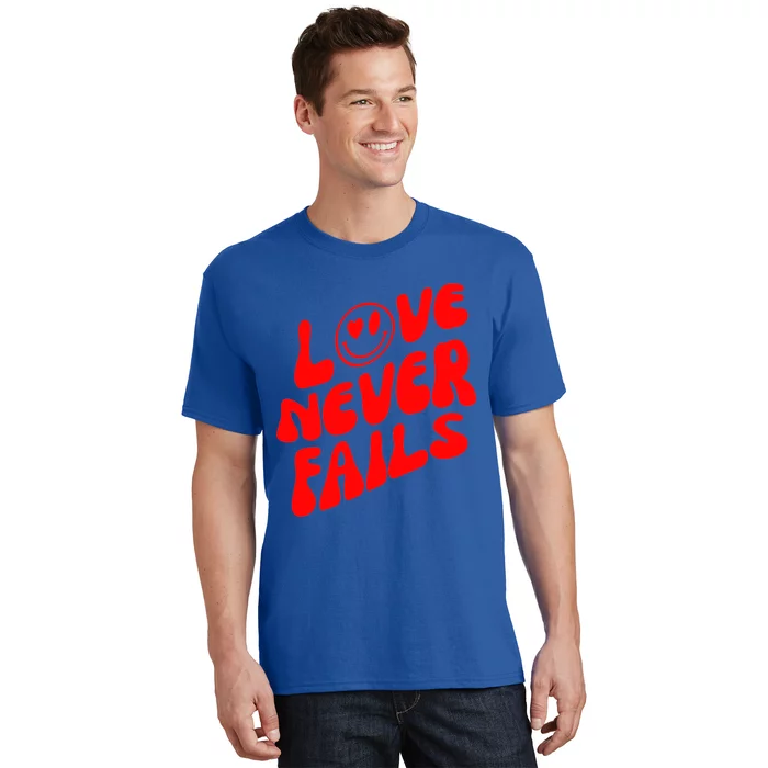 Happy Face Christian Hearts Love Never Fails Valentines Day Gift T-Shirt