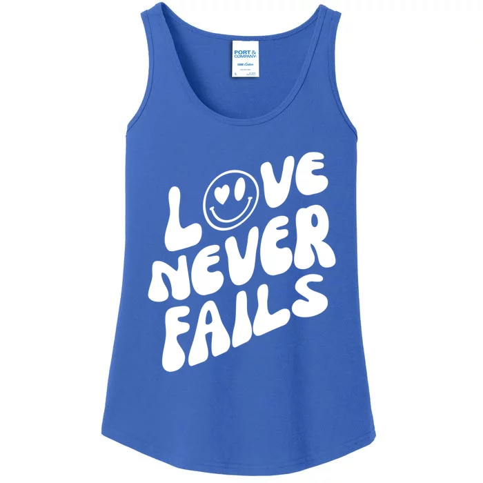 Happy Face Christian Hearts Love Never Fails Valentines Day Funny Gift Ladies Essential Tank