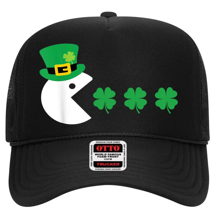 Happy Face Checked, Shamrock Green Clover St Patrick's Day High Crown Mesh Trucker Hat