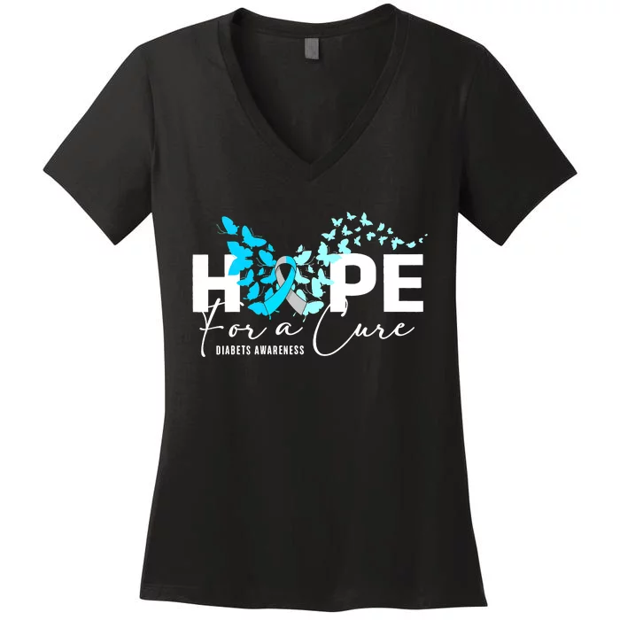 Hope For Cure Diabetes Awareness Butterfly Type 1 Diabetes Women's V-Neck T-Shirt