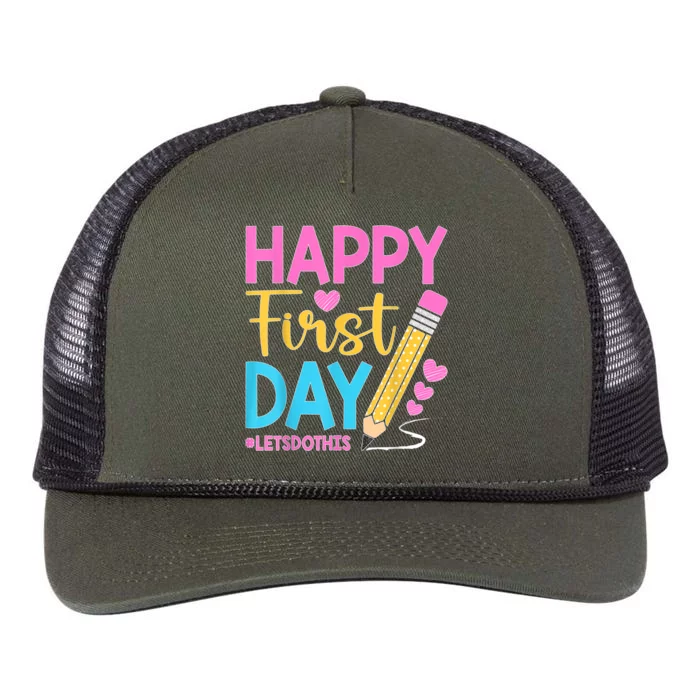 Happy First Day Lets Do This Welcome Back To School Teacher Retro Rope Trucker Hat Cap