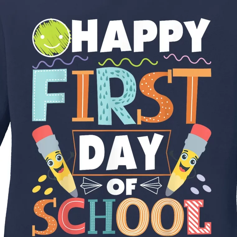 Happy First Day Of School Teacher Student Kindergarten Ladies Long Sleeve Shirt