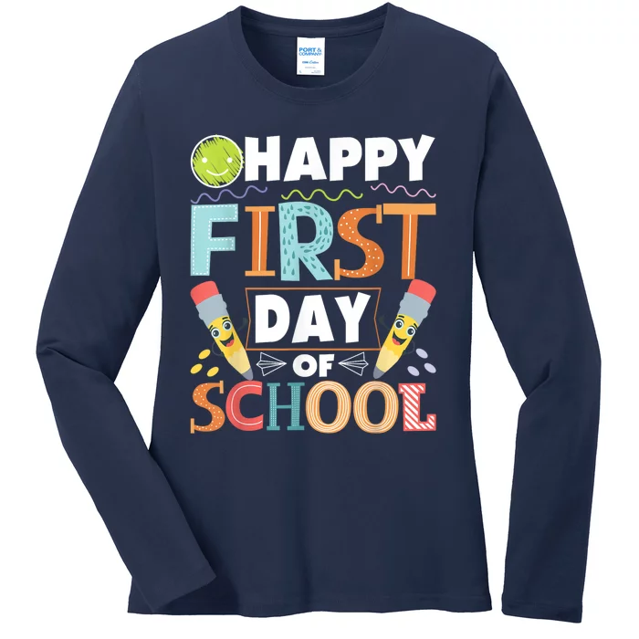 Happy First Day Of School Teacher Student Kindergarten Ladies Long Sleeve Shirt