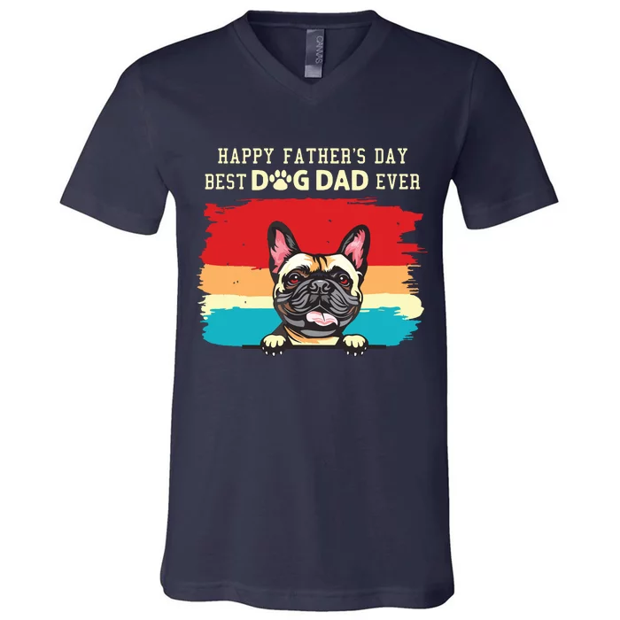 Happy Fathers Day Vintage French Bulldog Best Dog Dad Ever V-Neck T-Shirt