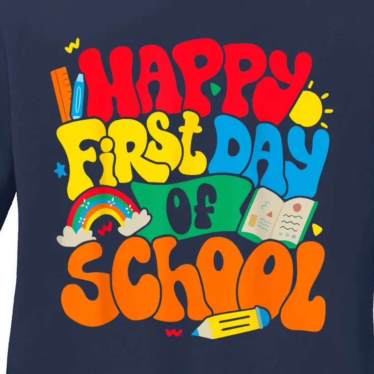 Happy First Day Of School Retro Teacher Women Back To School Ladies Long Sleeve Shirt