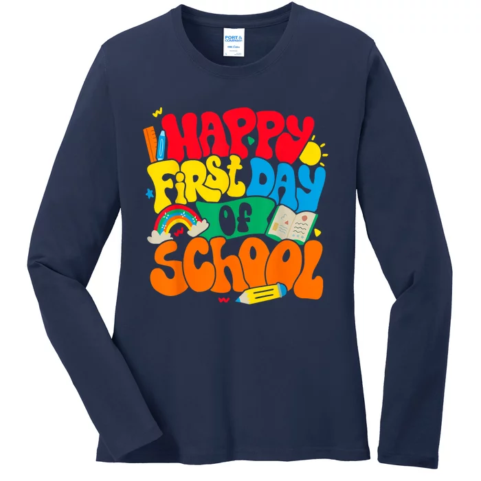 Happy First Day Of School Retro Teacher Women Back To School Ladies Long Sleeve Shirt