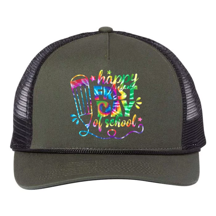 Happy First Day Of School Tie Dye Back To School Teacher Kids Retro Rope Trucker Hat Cap