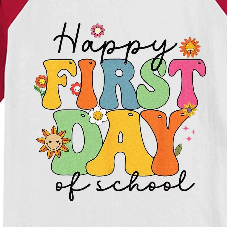 Happy First Day Of School Teacher Back To School Groovy Kids Colorblock Raglan Jersey