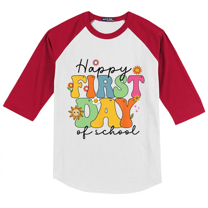 Happy First Day Of School Teacher Back To School Groovy Kids Colorblock Raglan Jersey