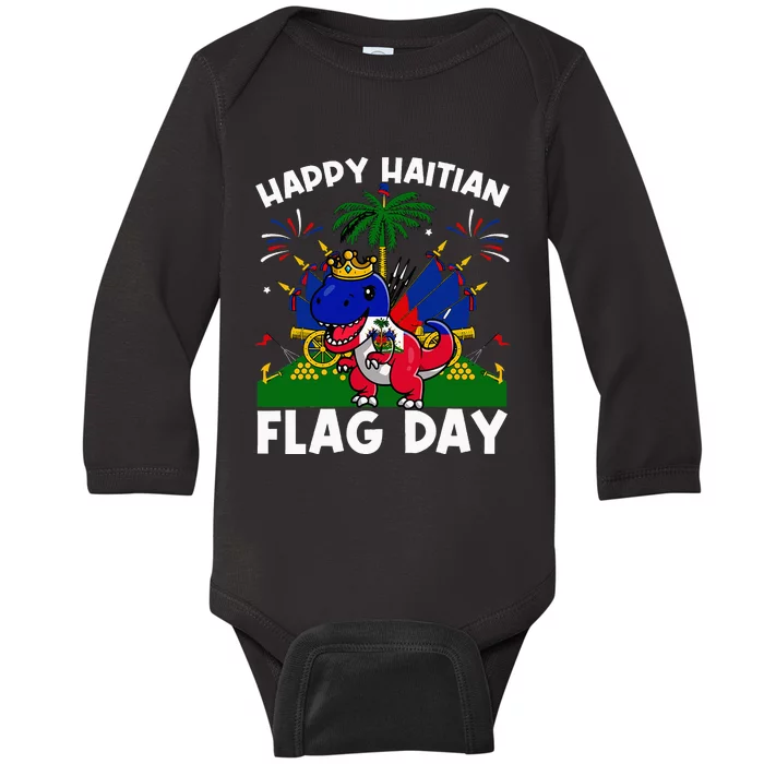 Haitian Flag Day Dinosaur Baby Long Sleeve Bodysuit