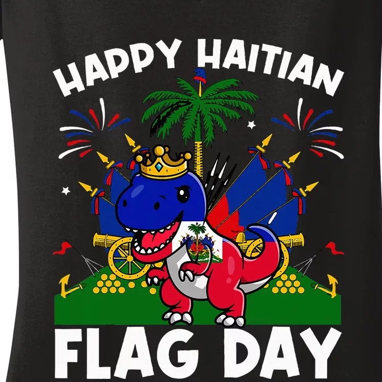 Haitian Flag Day Dinosaur Women's V-Neck T-Shirt