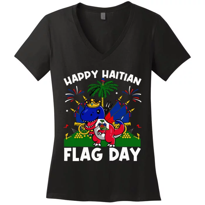 Haitian Flag Day Dinosaur Women's V-Neck T-Shirt