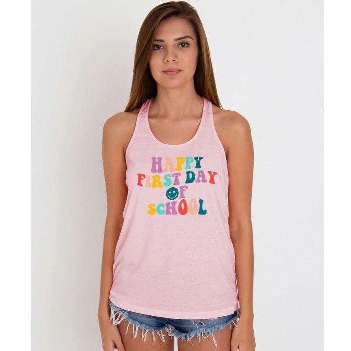 Happy First Day Of School Teacher Welcome Back To School Women's Knotted Racerback Tank