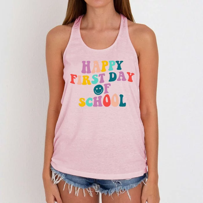 Happy First Day Of School Teacher Welcome Back To School Women's Knotted Racerback Tank