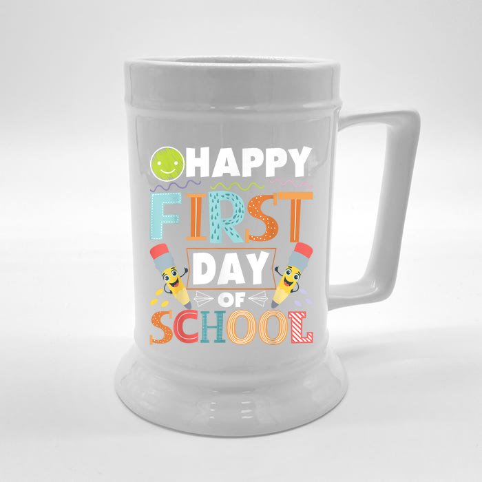 Happy First Day Of School Teacher Student Kindergarten Front & Back Beer Stein