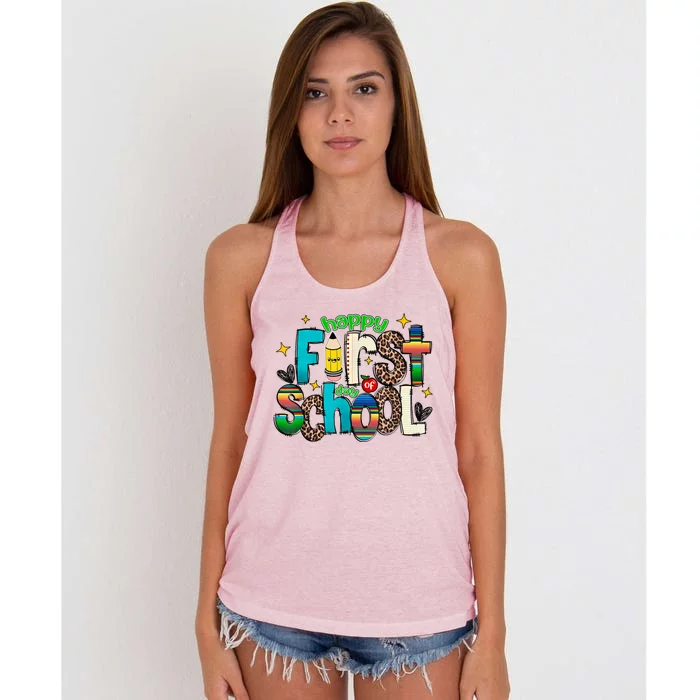 Happy First Day Of School Back To School Teacher Girl Boy Women's Knotted Racerback Tank