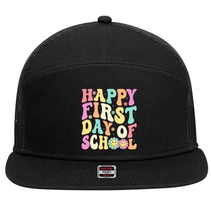 Happy First Day Of School Teachers Back To School 7 Panel Mesh Trucker Snapback Hat