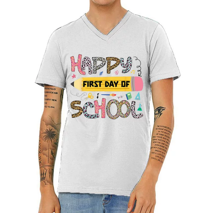 Happy First Day Of School Teacher Funny Back To School V-Neck T-Shirt