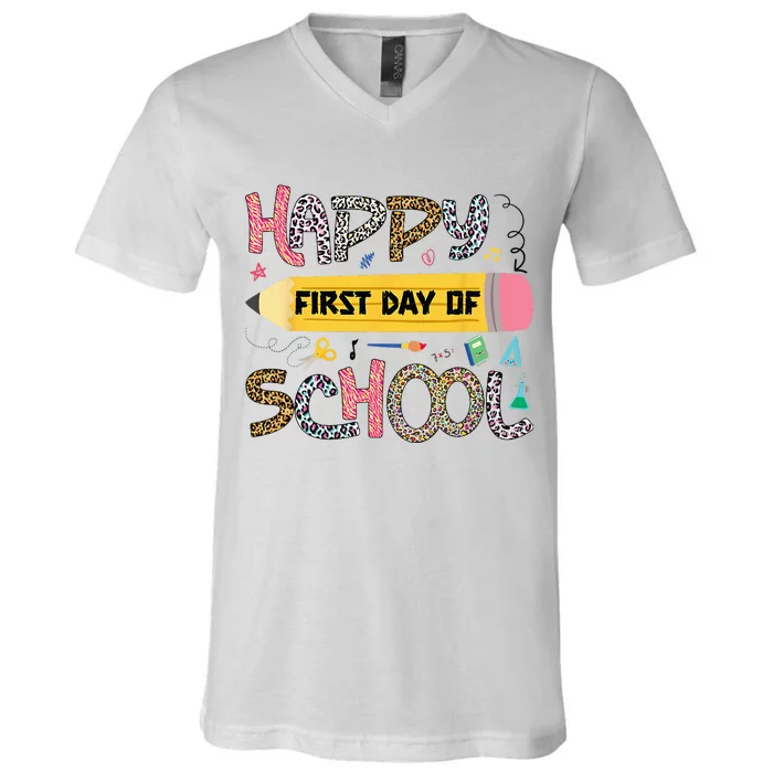 Happy First Day Of School Teacher Funny Back To School V-Neck T-Shirt