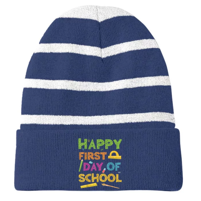 Happy First Day Of School Back To School Striped Beanie with Solid Band