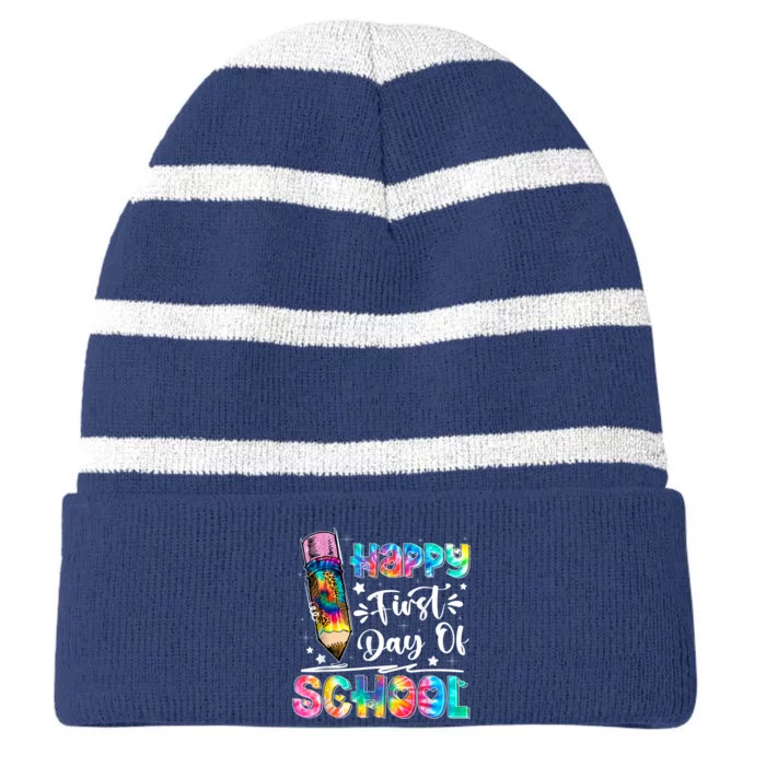 Happy First Day Of School Tie Dye Teacher Kids Back To School Striped Beanie with Solid Band