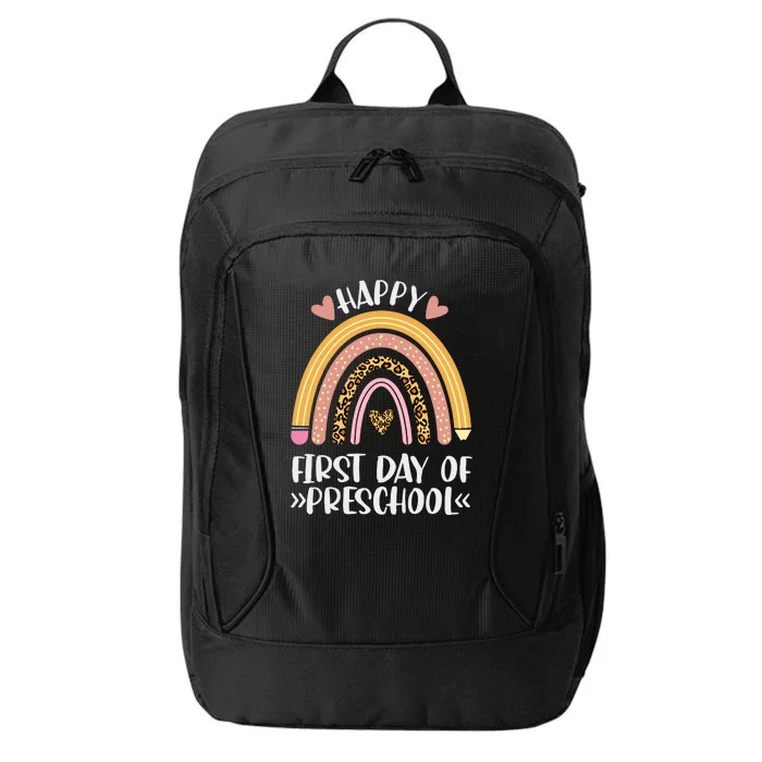 Happy First Day Of Preschool Back To School Leopard Rainbow City Backpack