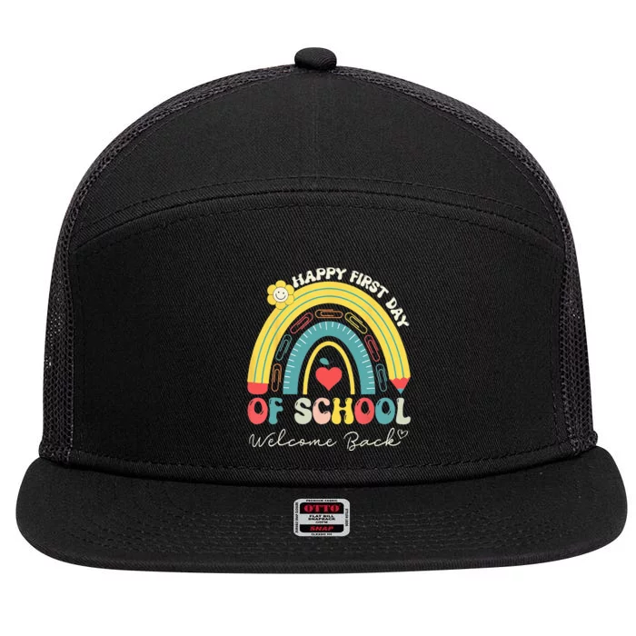 Happy First Day Of School Welcome Back To School Teachers 7 Panel Mesh Trucker Snapback Hat