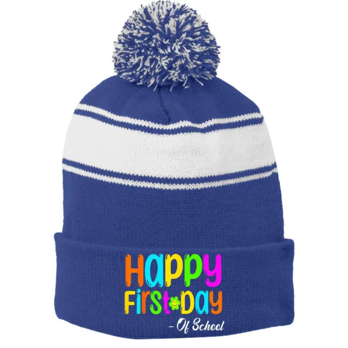 Happy First Day Of School Teacher Back To School Student Stripe Pom Pom Beanie