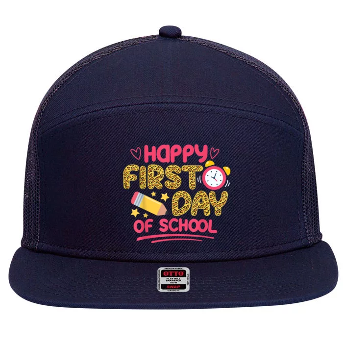 Happy First Day Of School Leopard Teacher Back To School 7 Panel Mesh Trucker Snapback Hat