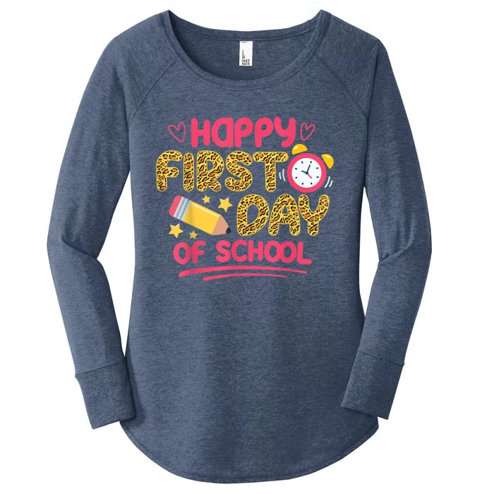 Happy First Day Of School Leopard Teacher Back To School Women's Perfect Tri Tunic Long Sleeve Shirt