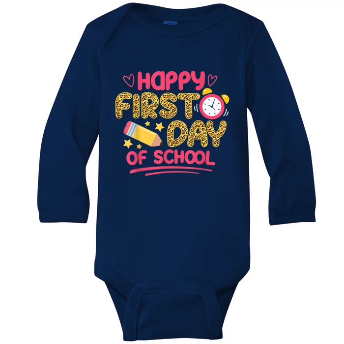 Happy First Day Of School Leopard Teacher Back To School Baby Long Sleeve Bodysuit