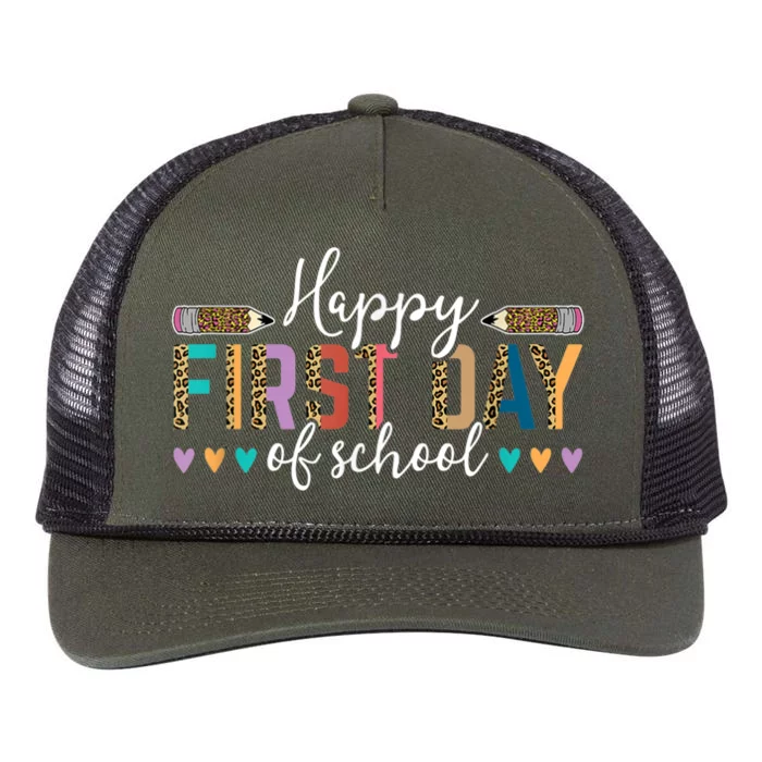 Happy First Day Of School Teacher Leopard Back To School Retro Rope Trucker Hat Cap