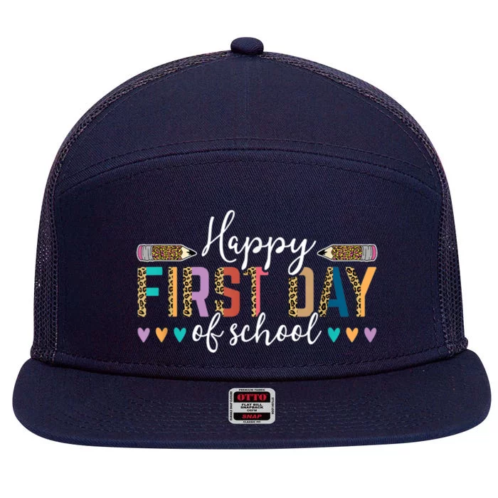 Happy First Day Of School Teacher Leopard Back To School 7 Panel Mesh Trucker Snapback Hat