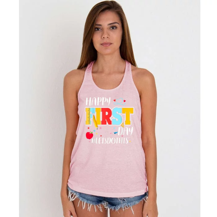 Happy First Day Of School Welcome Back To School Teacher Women's Knotted Racerback Tank