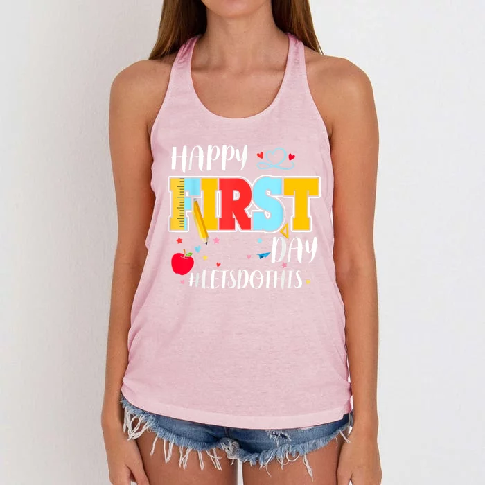 Happy First Day Of School Welcome Back To School Teacher Women's Knotted Racerback Tank