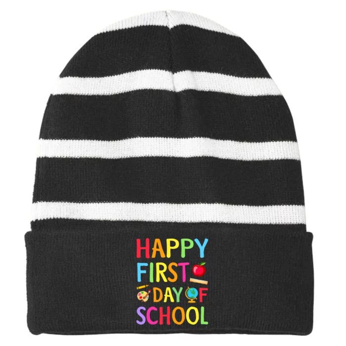 Happy First Day Of School Teacher Back To School Student Striped Beanie with Solid Band