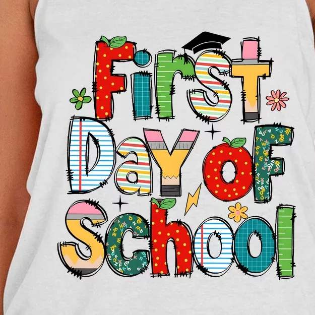 Happy First Day Of School Teacher Pencil Back To School Women's Knotted Racerback Tank