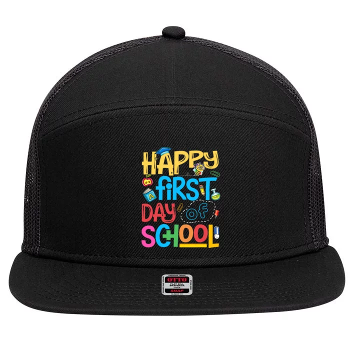 Happy First Day Of School Kindergarten Student Teacher Gifts 7 Panel Mesh Trucker Snapback Hat