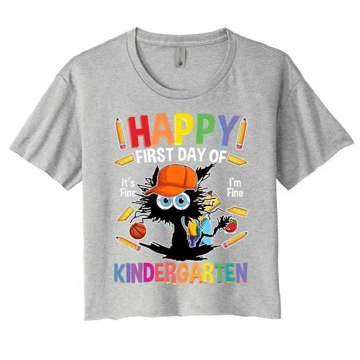 Happy First Day Of Kindergarten Back To School Black Cat Women's Crop Top Tee