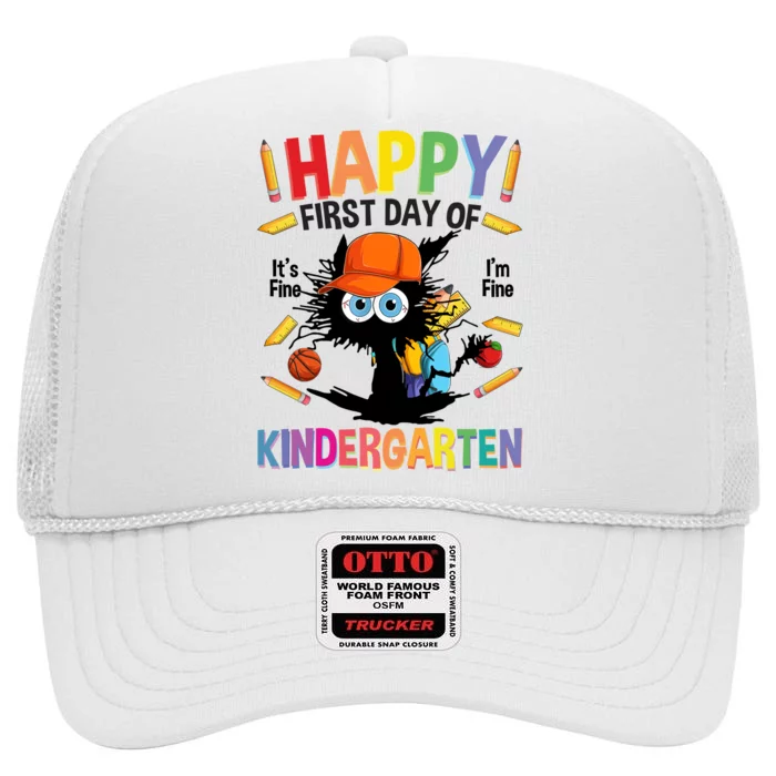 Happy First Day Of Kindergarten Back To School Black Cat High Crown Mesh Trucker Hat