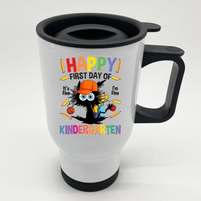 Happy First Day Of Kindergarten Back To School Black Cat Front & Back Stainless Steel Travel Mug