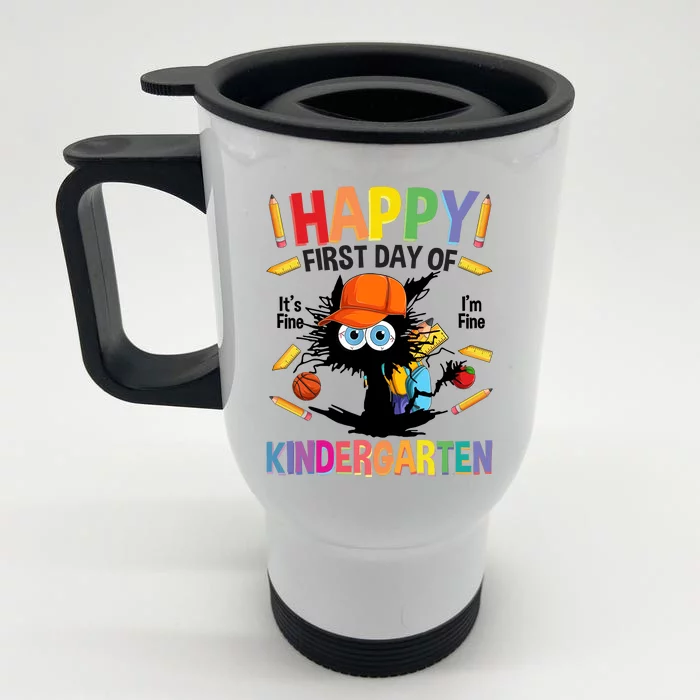 Happy First Day Of Kindergarten Back To School Black Cat Front & Back Stainless Steel Travel Mug