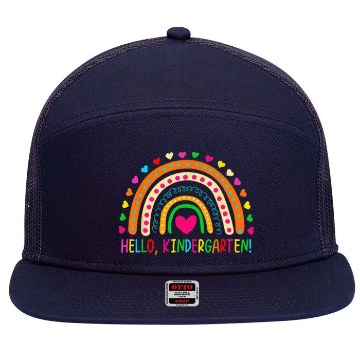 Happy First Day Of School Hello Kindergarten Teacher Rainbow 7 Panel Mesh Trucker Snapback Hat