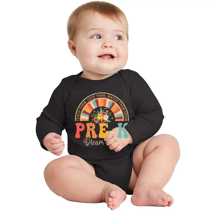 Happy First Day Pre K Team Teacher Kids 60s 70s Hippie Retro Baby Long Sleeve Bodysuit