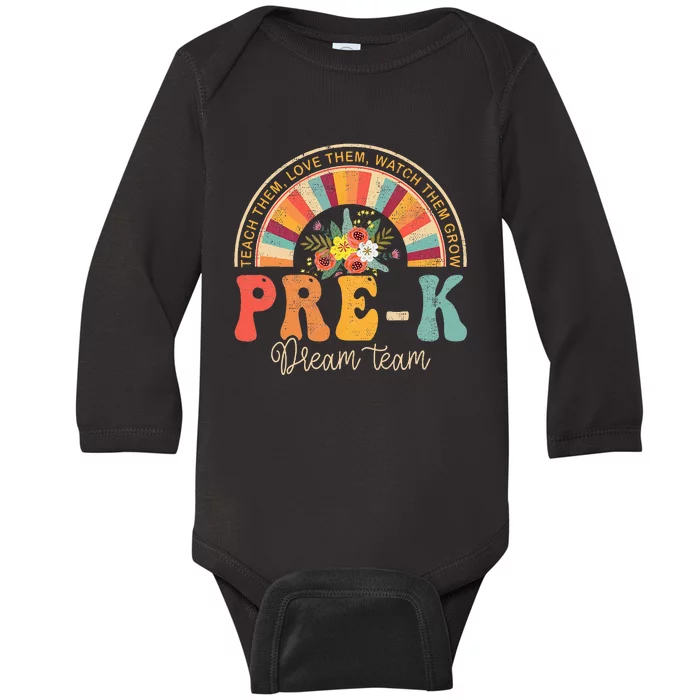 Happy First Day Pre K Team Teacher Kids 60s 70s Hippie Retro Baby Long Sleeve Bodysuit