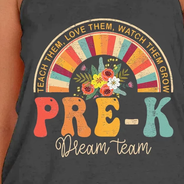 Happy First Day Pre K Team Teacher Kids 60s 70s Hippie Retro Women's Knotted Racerback Tank