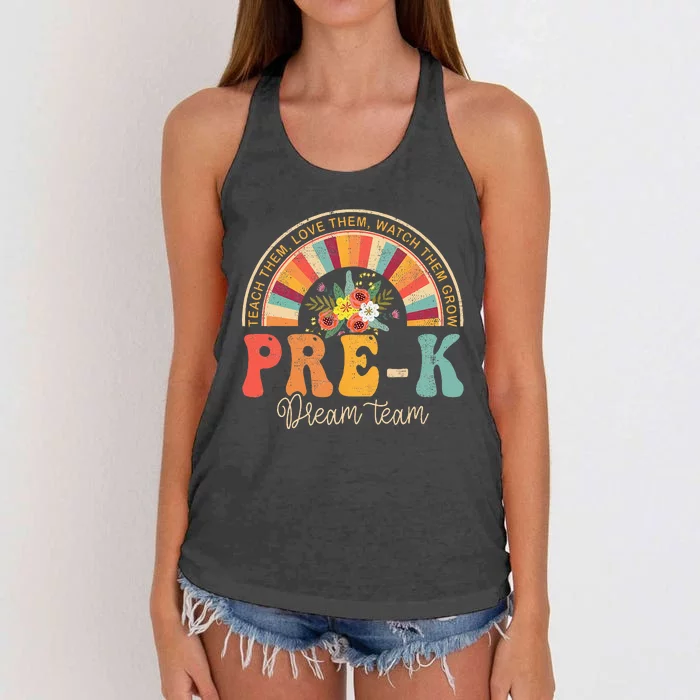 Happy First Day Pre K Team Teacher Kids 60s 70s Hippie Retro Women's Knotted Racerback Tank