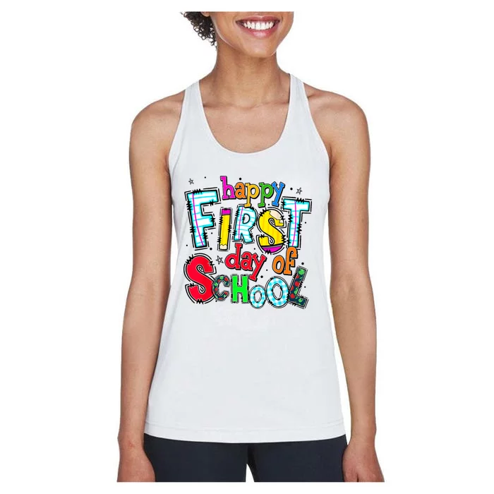 Happy First Day Of School Gifts Students Teachers Women's Racerback Tank